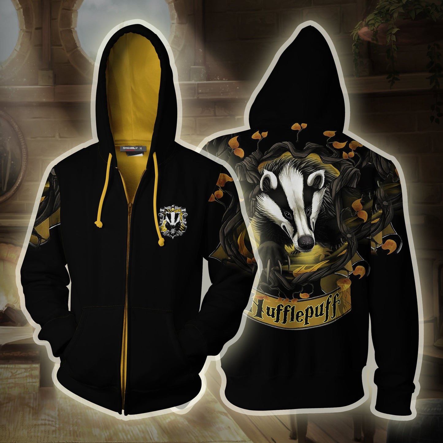 Hufflepuff Hogwarts Harry Potter 3D Zip Up Hoodie S