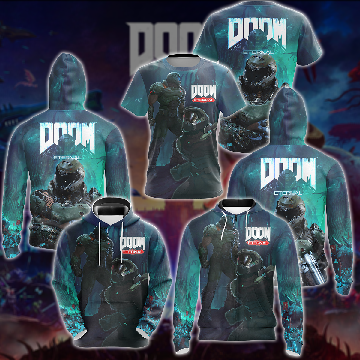 Doom Eternal Video Game All Over Printed T-shirt Tank Top Zip Hoodie Pullover Hoodie Hawaiian Shirt Beach Shorts Joggers