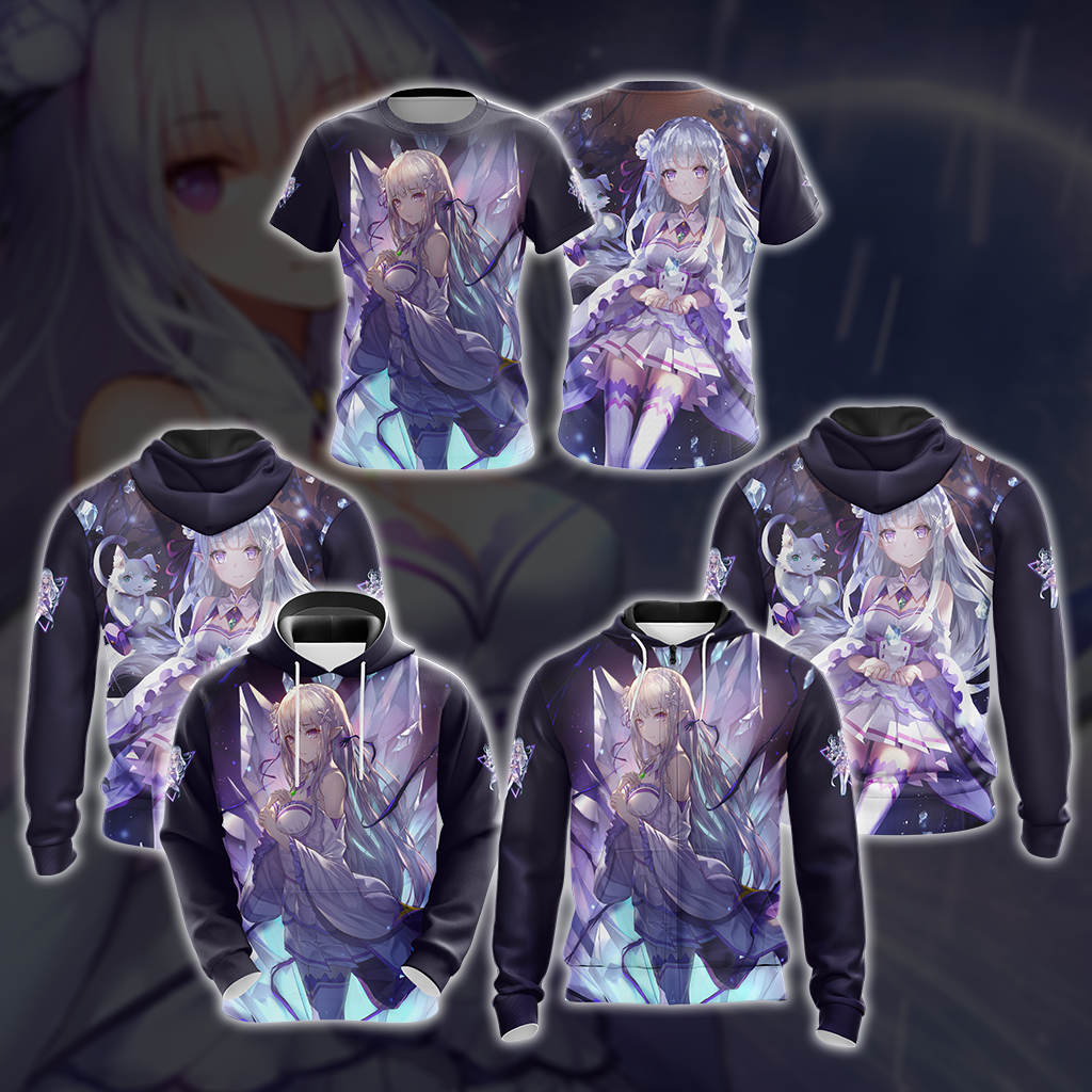 Emilia Re:Zero All Over Print T-shirt Tank Top Zip Hoodie Pullover Hoodie