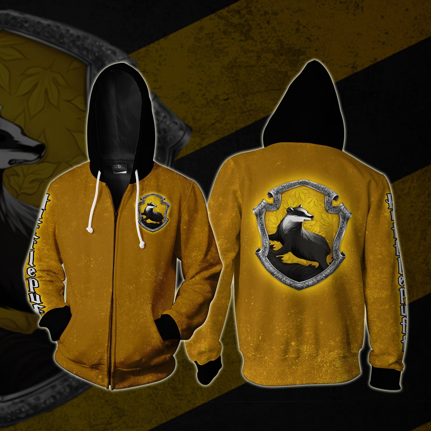 Hufflepuff Logo Harry Potter (Black Hood) Zip Up Hoodie S