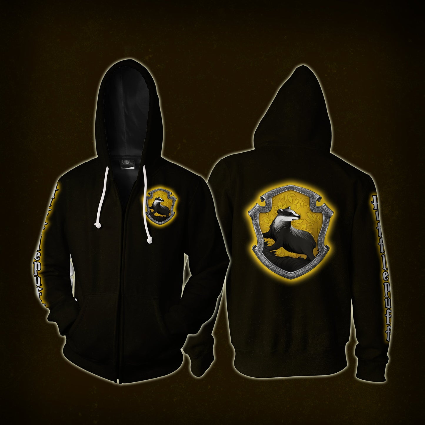 Hufflepuff Logo (Harry Potter) (Black) 3D Zip Up Hoodie S