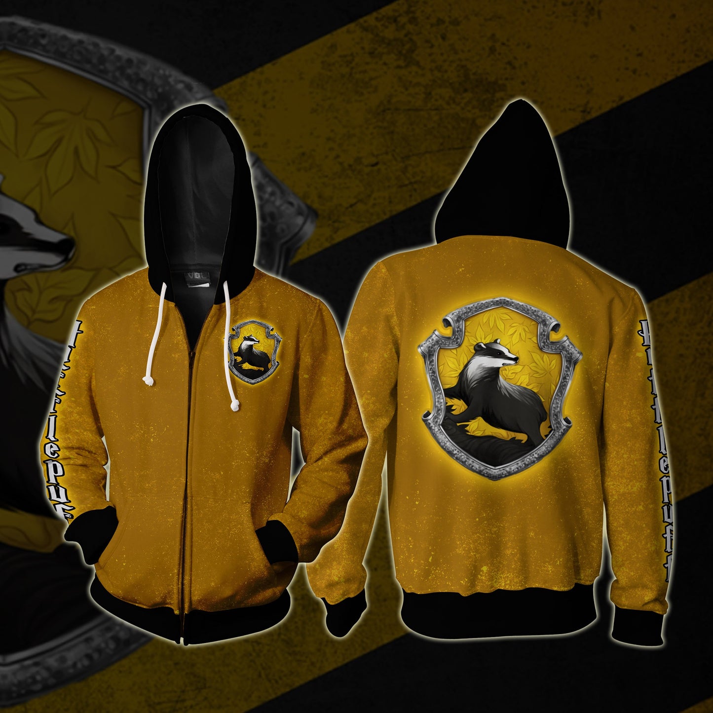 Hufflepuff Logo (Harry Potter) (Black Hood) 3D Zip Up Hoodie S