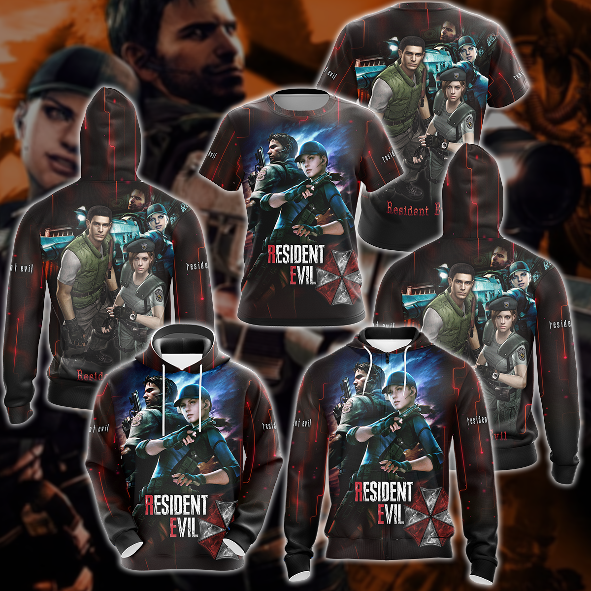 Resident Evil: Jill Valentine & Chris Redfield Video Game 3D All Over Printed T-shirt Tank Top Zip Hoodie Pullover Hoodie Hawaiian Shirt Beach Shorts Jogger
