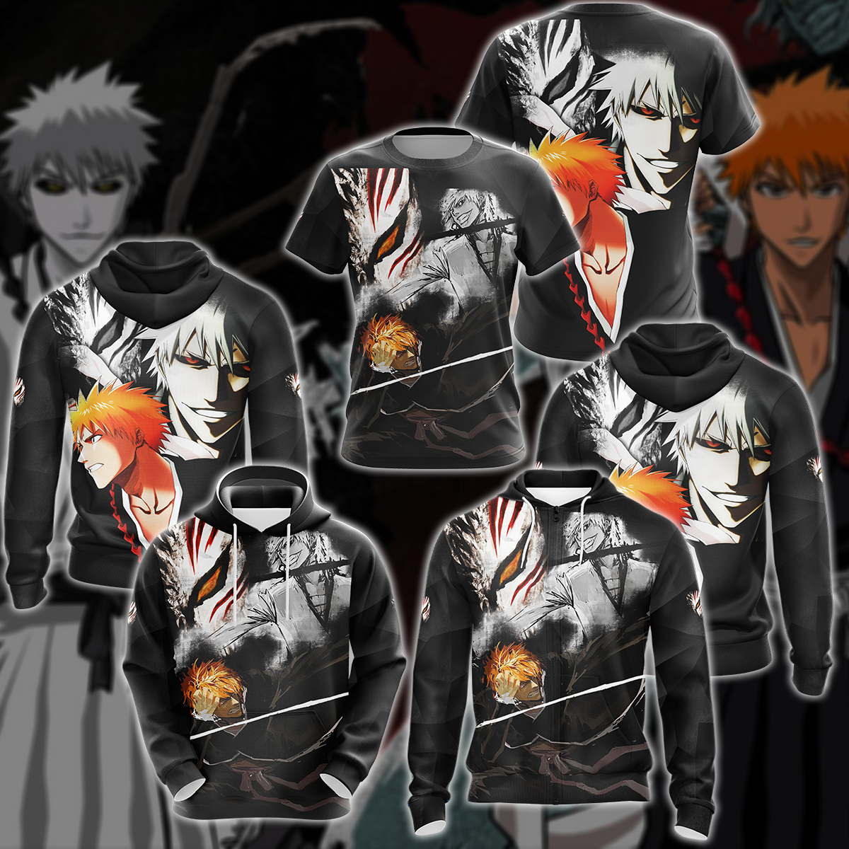 Bleach Kurosaki x Shirosaki Anime 3D All Over Print T-shirt Tank Top Zip Hoodie Pullover Hoodie Hawaiian Shirt Beach Shorts Jogger
