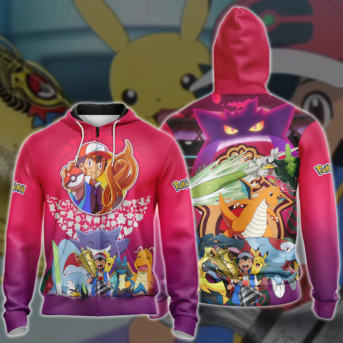 Pokemon Ash Ketchum Champion Anime Manga 3D All Over Printed T-shirt Tank Top Zip Hoodie Pullover Hoodie Hawaiian Shirt Beach Shorts Jogger Zip Hoodie S