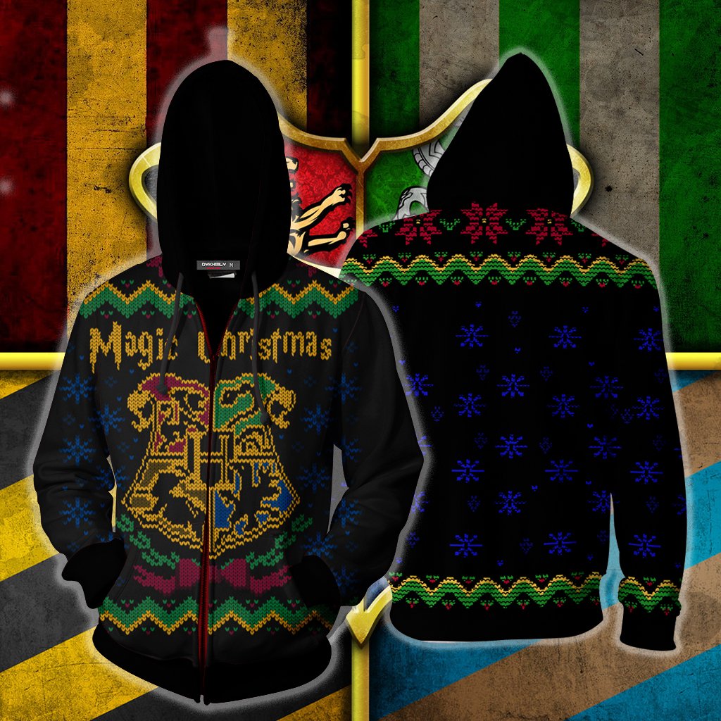 Magic Christmas Hogwarts Logo Harry Potter Ugly Christmas Zip Up Hoodie S