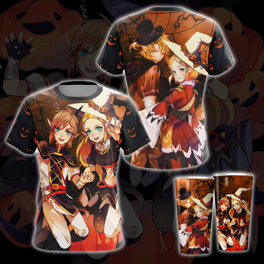 The Legend of Zelda Link & Zelda Halloween All Over Print T-shirt Zip Hoodie Pullover Hoodie