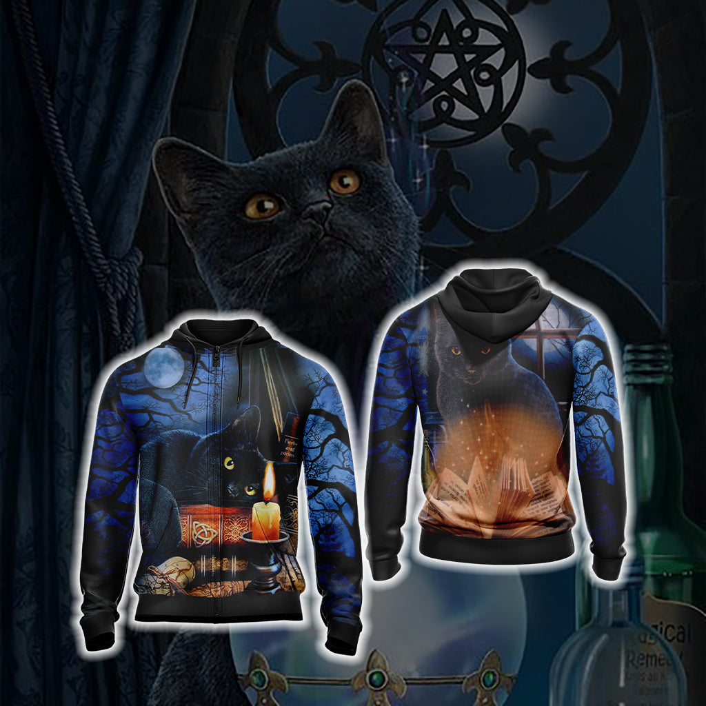 Witching Hour Black Cat Halloween Unisex 3D T-shirt Zip Hoodie XS