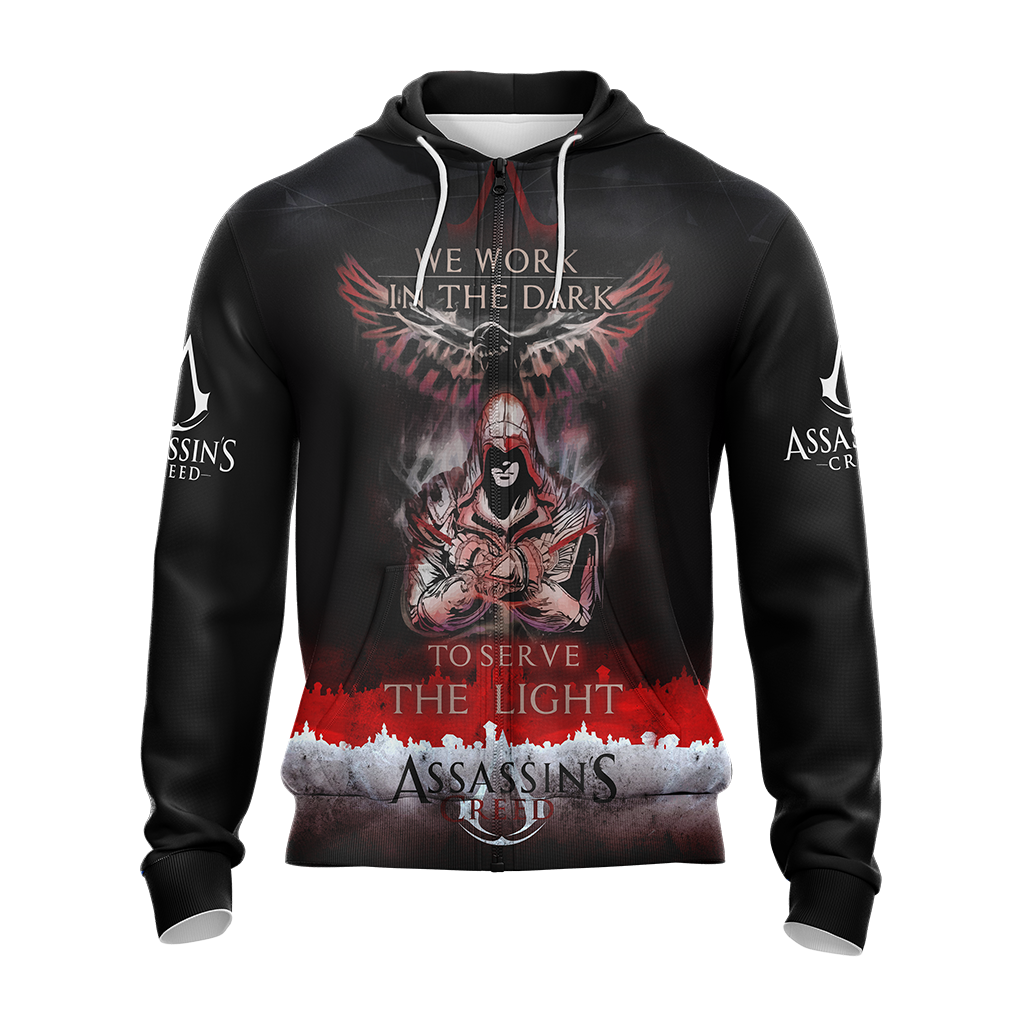We work in the Dark to serve the Light Assassin's Creed All Over Print T-shirt Zip Hoodie Pullover Hoodie