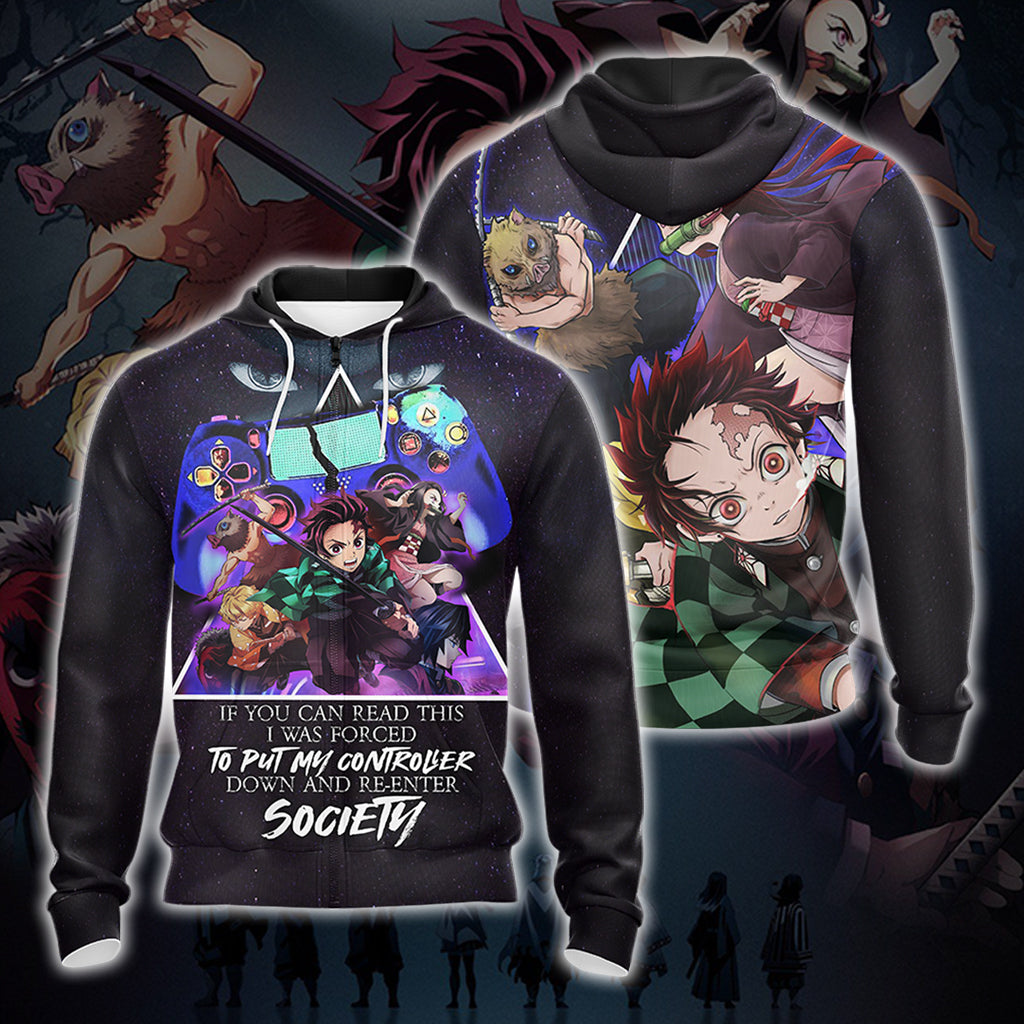If You Can Read This I Was Forced To Put My Controller Down And Re-Enter Society Demon Slayer Unisex 3D T-shirt Zip Hoodie Pullover Hoodie Zip Hoodie S