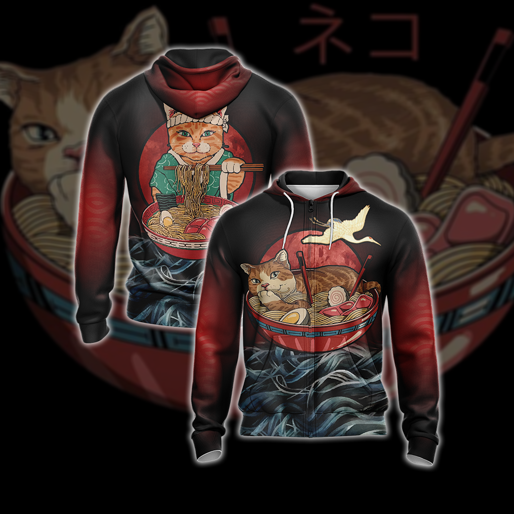 Vintage Cat and Ramen Japanese Style Unisex 3D T-shirt Zip Hoodie XS