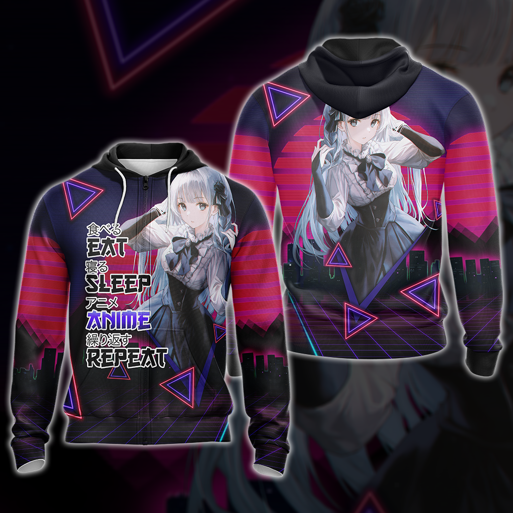 Eat Sleep Anime Repeat Anime Girl All Over Print T-shirt Tank Top Zip Hoodie Pullover Hoodie Zip Hoodie S