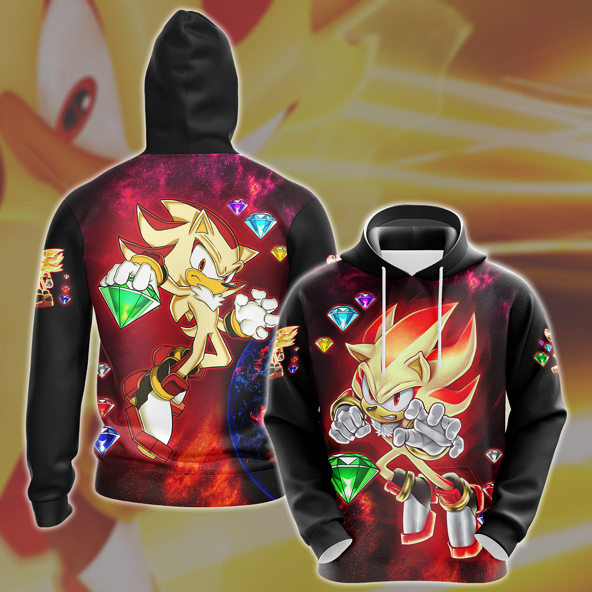Sonic Super Shadow Chaos Emeralds Video Game All Over Printed T-shirt Tank Top Zip Hoodie Pullover Hoodie Hawaiian Shirt Beach Shorts Joggers