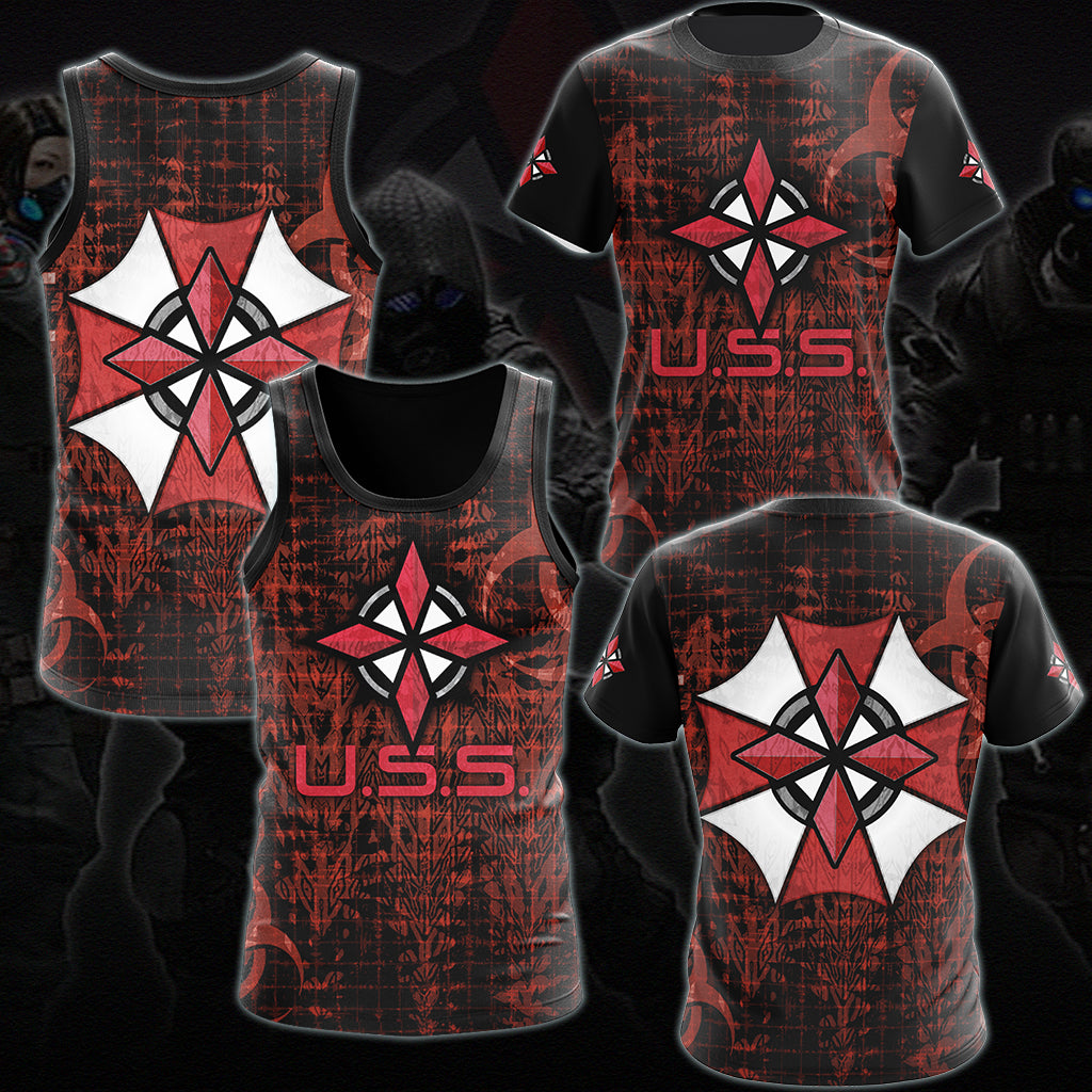 Resident Evil Umbrella Security Service (U.S.S.) Video Game All Over Printed T-shirt Tank Top Zip Hoodie Pullover Hoodie Hawaiian Shirt Beach Shorts Joggers