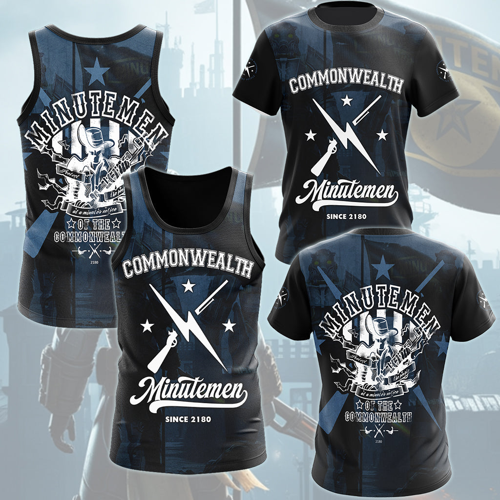 Fallout Commonwealth Minutemen Video Game All Over Printed T-shirt Tank Top Zip Hoodie Pullover Hoodie Hawaiian Shirt Beach Shorts Joggers