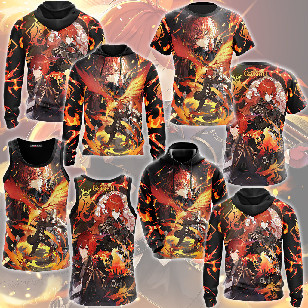 Genshin Impact Diluc Video Game All Over Printed T-shirt Tank Top Zip Hoodie Pullover Hoodie Hawaiian Shirt Beach Shorts Joggers   