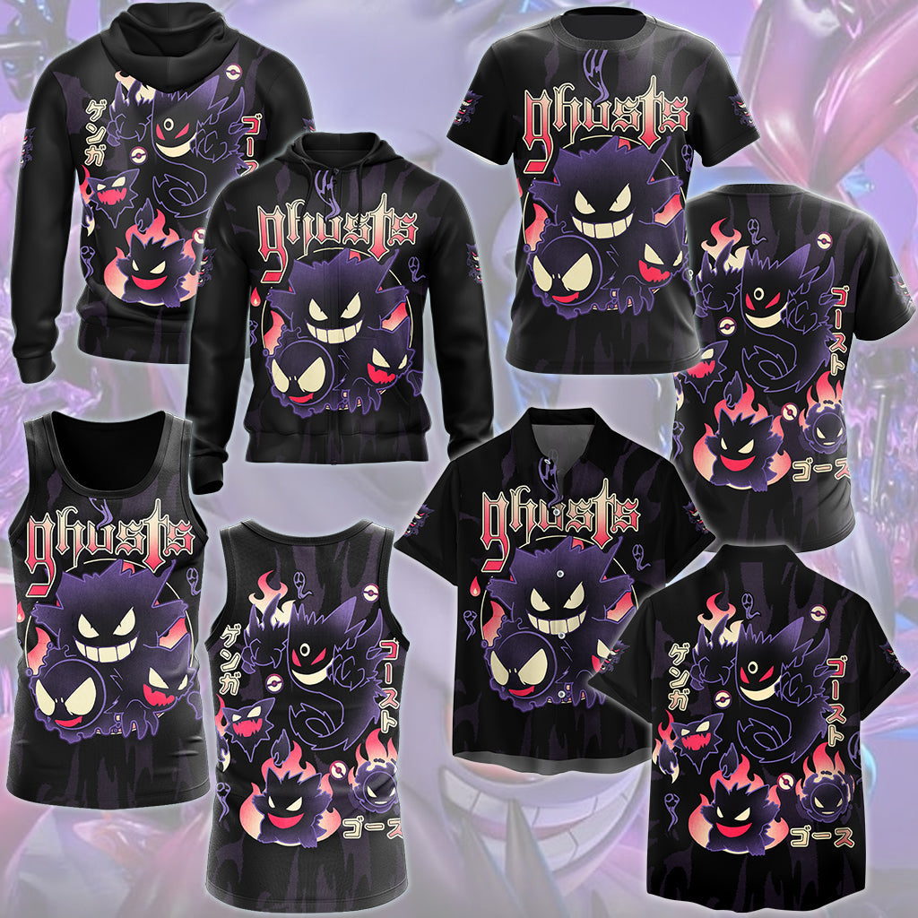 Pokemon Gengar Evolutions Anime Video Game All Over Printed T-shirt Tank Top Zip Hoodie Pullover Hoodie Hawaiian Shirt Beach Shorts Joggers