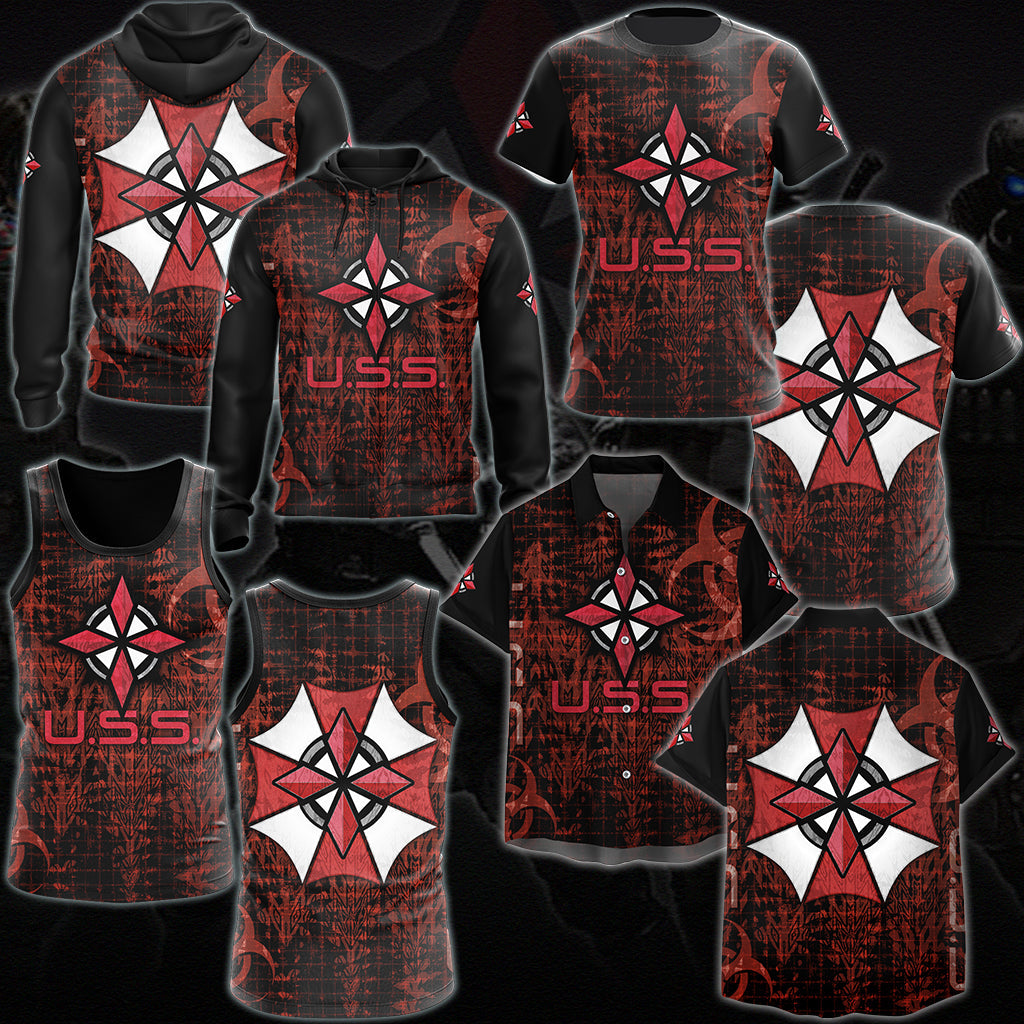 Resident Evil Umbrella Security Service (U.S.S.) Video Game All Over Printed T-shirt Tank Top Zip Hoodie Pullover Hoodie Hawaiian Shirt Beach Shorts Joggers
