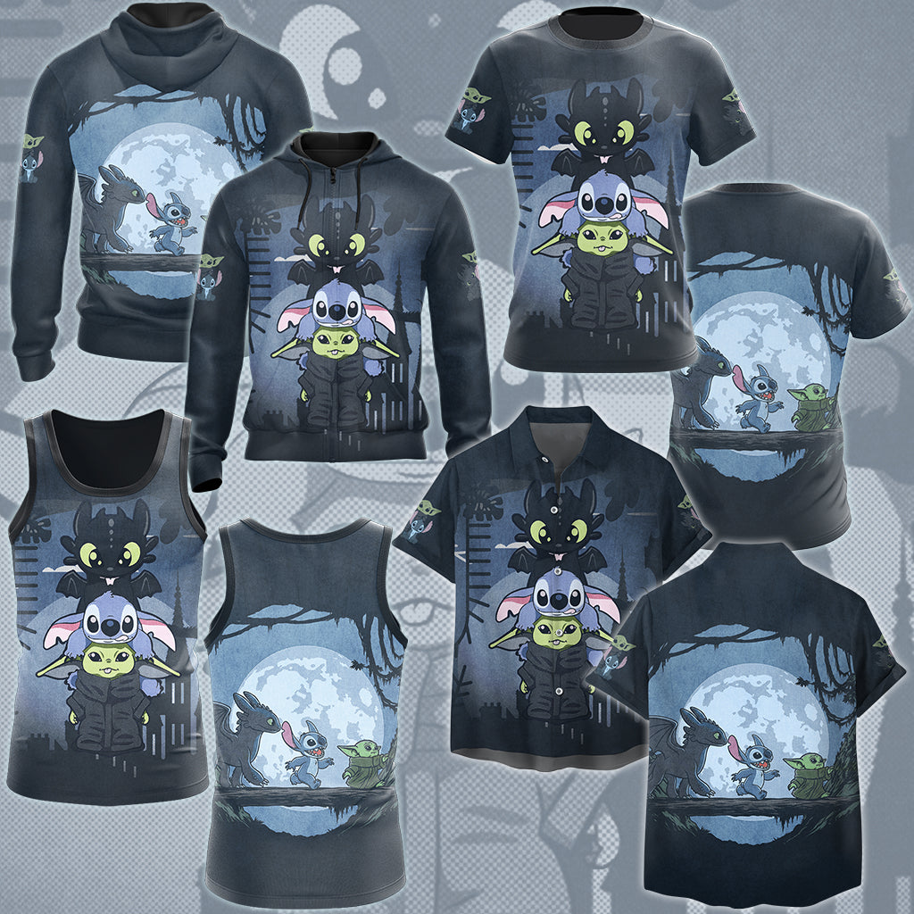 Baby Yoda Stitch & Toothless Movie Video Game All Over Printed T-shirt Tank Top Zip Hoodie Pullover Hoodie Hawaiian Shirt Beach Shorts Joggers