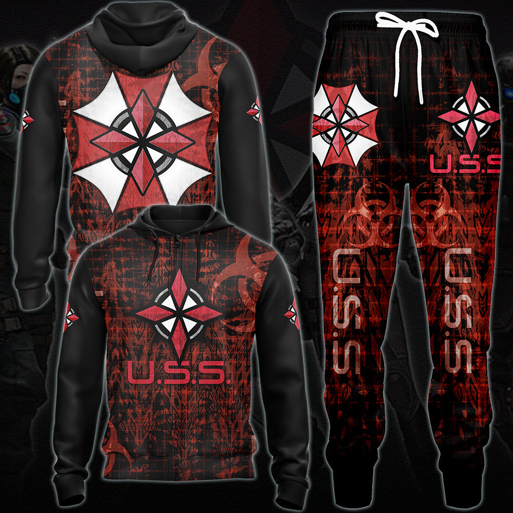 Resident Evil Umbrella Security Service (U.S.S.) Video Game All Over Printed T-shirt Tank Top Zip Hoodie Pullover Hoodie Hawaiian Shirt Beach Shorts Joggers