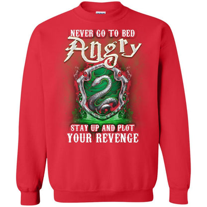 Never Go To Bed Angry Stay Up And Plot Your Revenge Slytherin House Harry Potter Fan Shirt Red S 