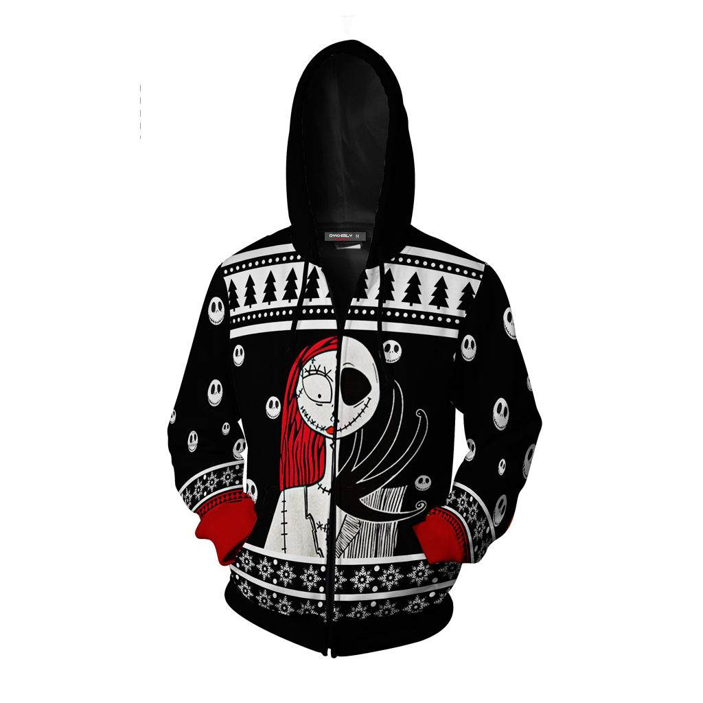 The Nightmare Before Christmas Jack & Sally Ugly Christmas Zip Up Hoodie   