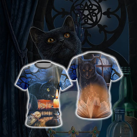 Witching Hour Black Cat Halloween Unisex 3D T-shirt   