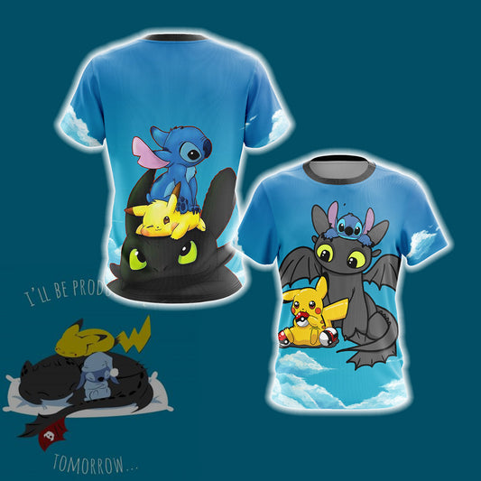 Stitch - Pokemon - How to train your dragon Unisex 3D T-shirt   
