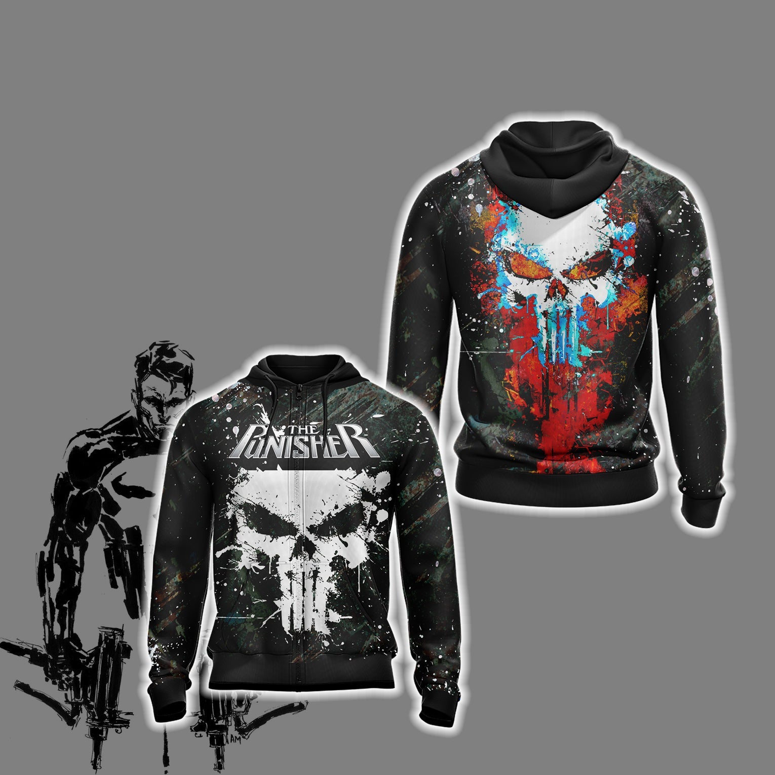 The Punisher New Look Unisex 3D T-shirt Zip Hoodie XS 