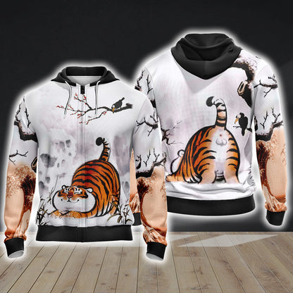 Fat Tiger Unisex 3D T-shirt Zip Hoodie XS 
