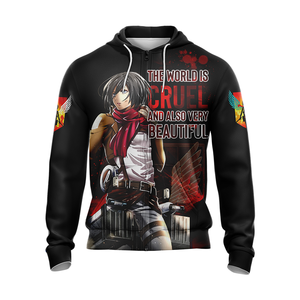 The World Is Cruel and Also Very Beautiful Mikasa Attack On Titan Anime T-shirt Zip Hoodie Pullover Hoodie   