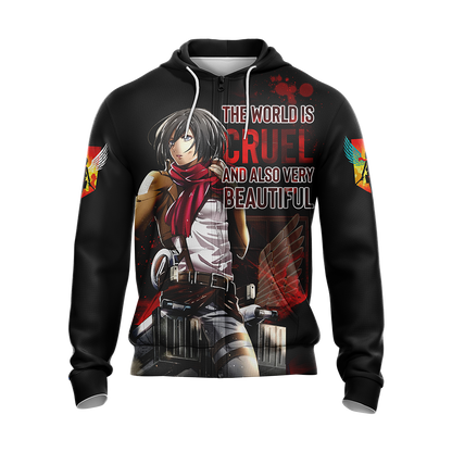 The World Is Cruel and Also Very Beautiful Mikasa Attack On Titan Anime T-shirt Zip Hoodie Pullover Hoodie   